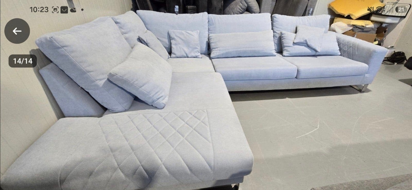 Mooi grijsblauwe hoekbank Profijt Meubels met losse kussens, Gebruikt, 125 tot 150 cm, Hoekbank, 300 cm of meer