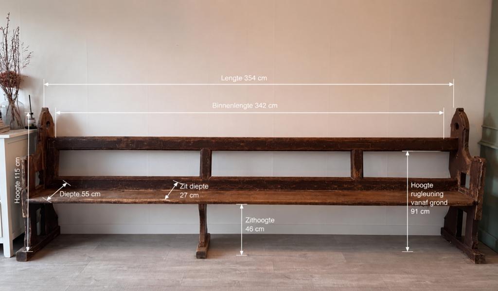 Authentieke Antieke Houten Kerkbank / Wandbank – 354 cm, Ophalen