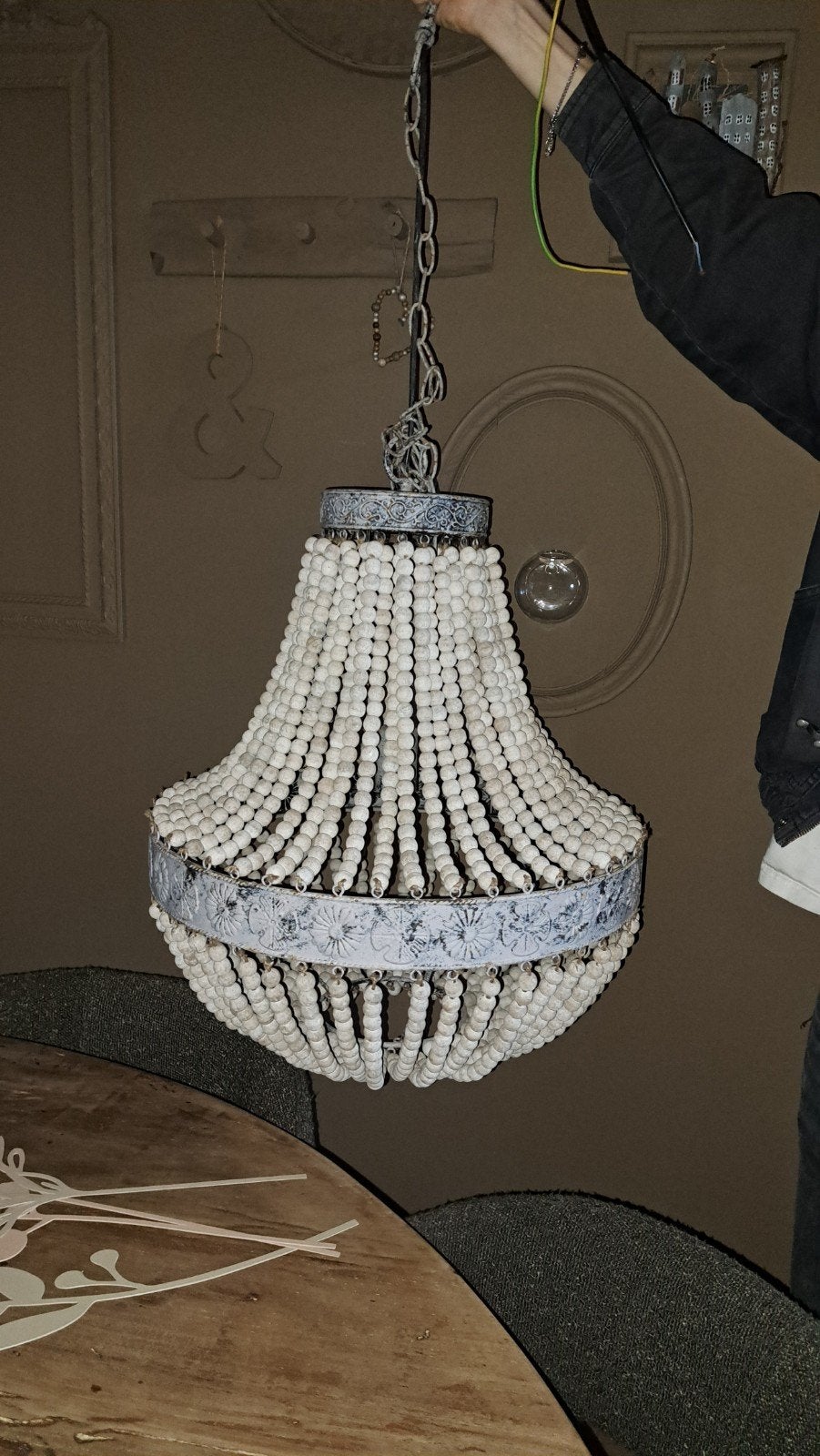 Bohemian Houten Kralen Kroonluchter, Huis en Inrichting, Lampen | Hanglampen, Ophalen, Zo goed als nieuw, Hout, Bohemian, Landelijk