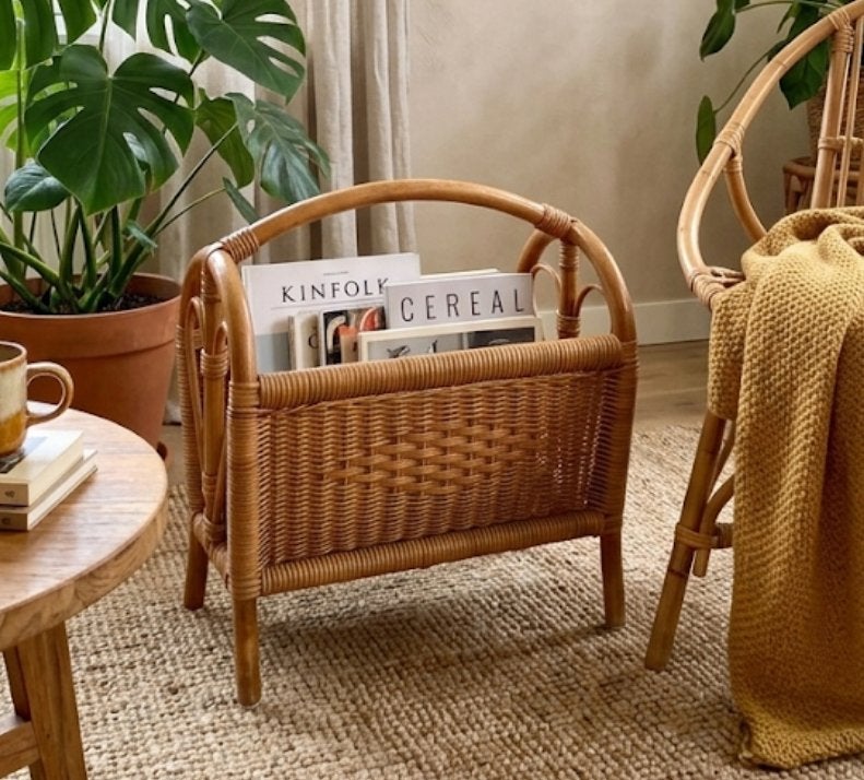 Vintage rotan tijdschriftenrek - Boheemse stijl, Huis en Inrichting, Woonaccessoires | Krantenbakken en Lectuurbakken, Ophalen of Verzenden