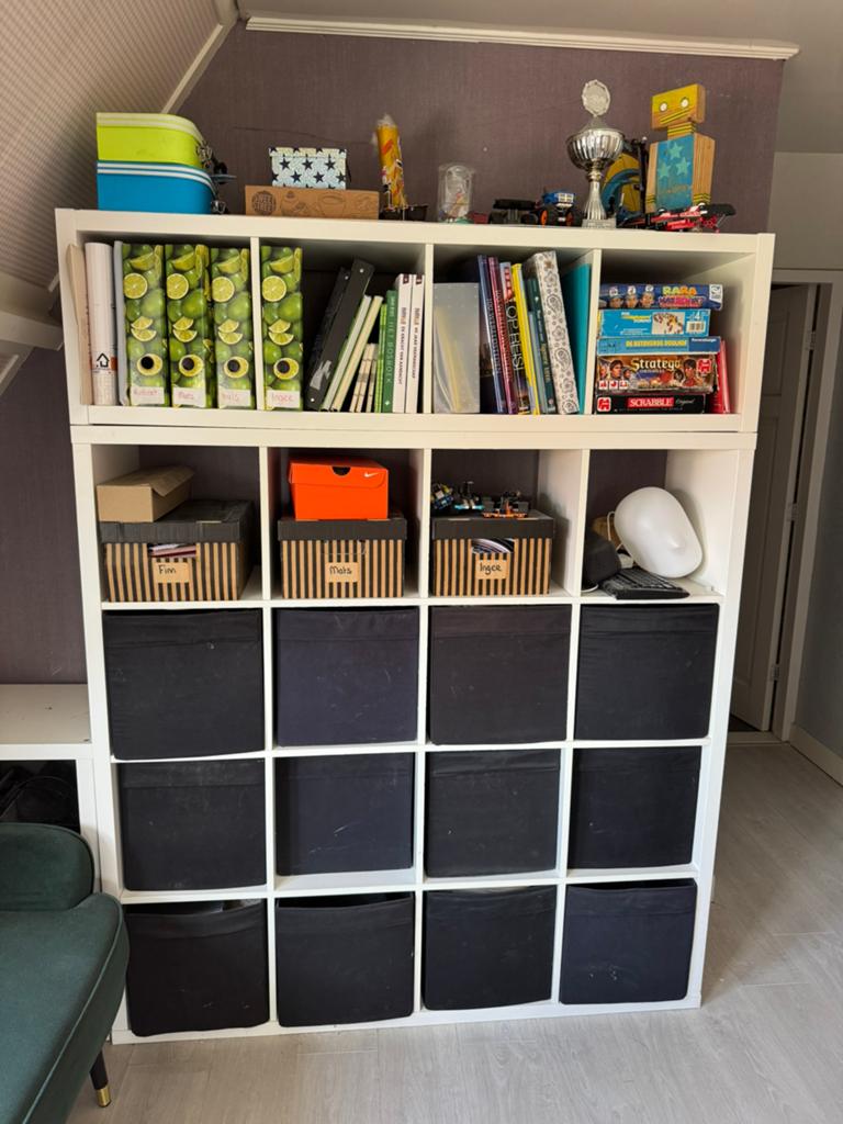 IKEA Kallax kast met 16 vakken en opbergboxen, Ophalen, Gebruikt, 100 tot 150 cm, 150 tot 200 cm