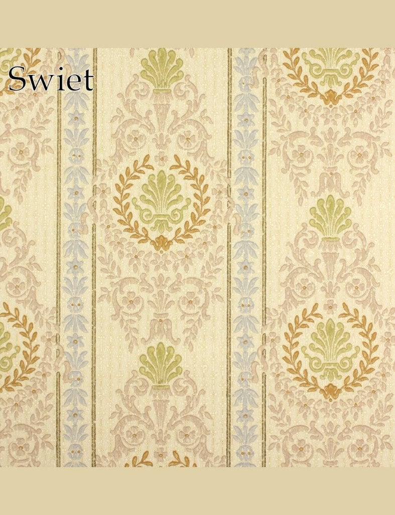 4347 Vintage barokbehang 70s met streep en medaillon dessin, Huis en Inrichting, Verzenden, Beige