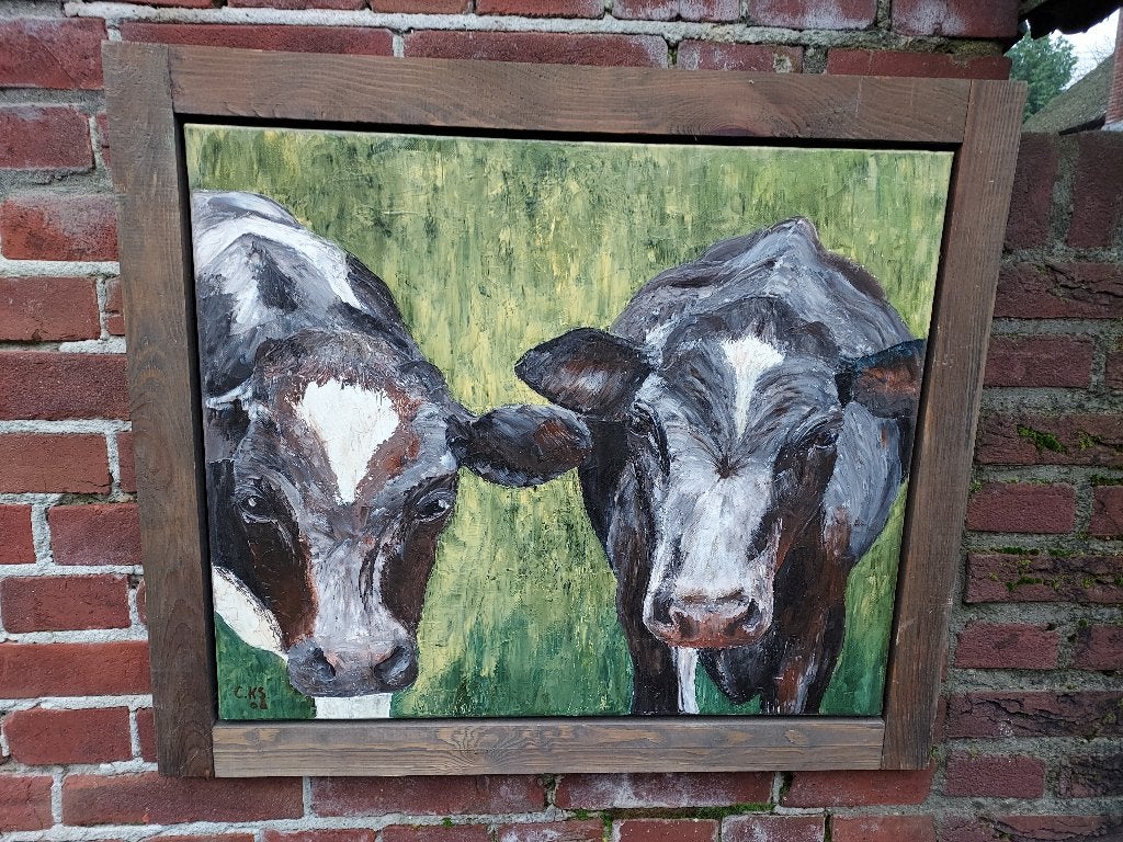 Schilderij, moderne compositie van 2 zwartbonte koeien., Ophalen of Verzenden, Olieverf, Textiel, Dieren