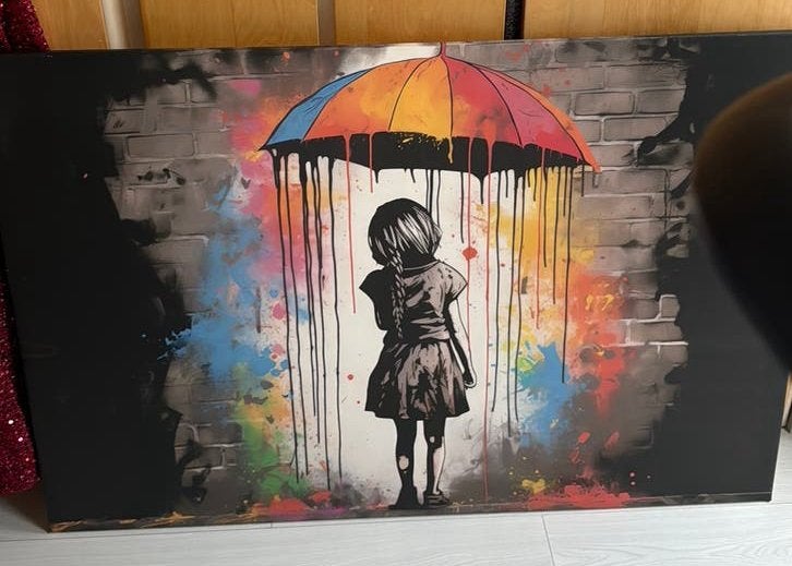 Canvas 120x80 cm regenboogparaplu in Banksy-stijl, Ophalen