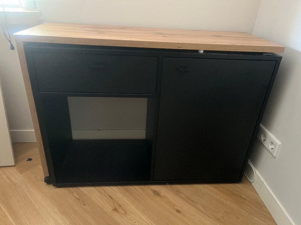 Inklapbaar/draaibaar kastje tot bureau, Ophalen, Zwart, 39 cm, Met lades
