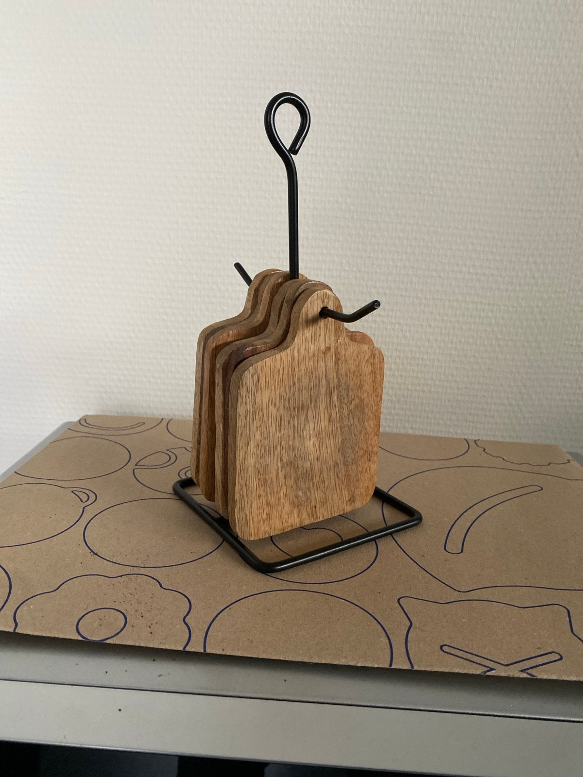Houten onderzetters in snijplank-model met houder, Hout, Gebruikt, Glasonderzetter, Met houder
