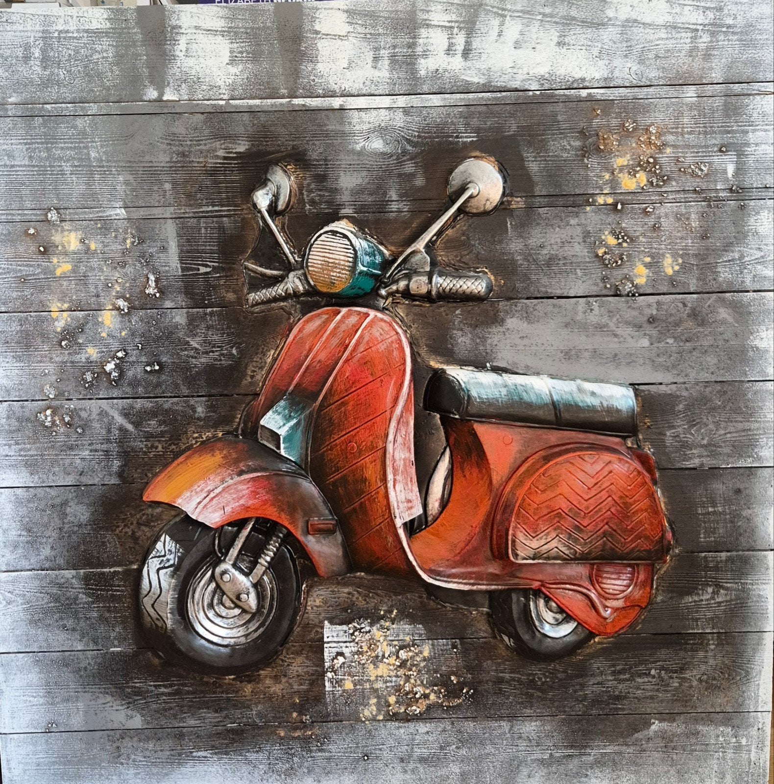 3D schilderij vintage vespa scooter op hout., Huis en Inrichting, Woonaccessoires | Schilderijen, Tekeningen en Foto's, Ophalen
