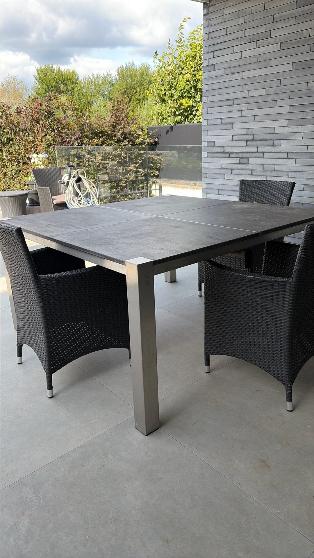 Blauwe hardsteen tafel 150x150, Ophalen, Gebruikt, Rechthoekig, Overige materialen