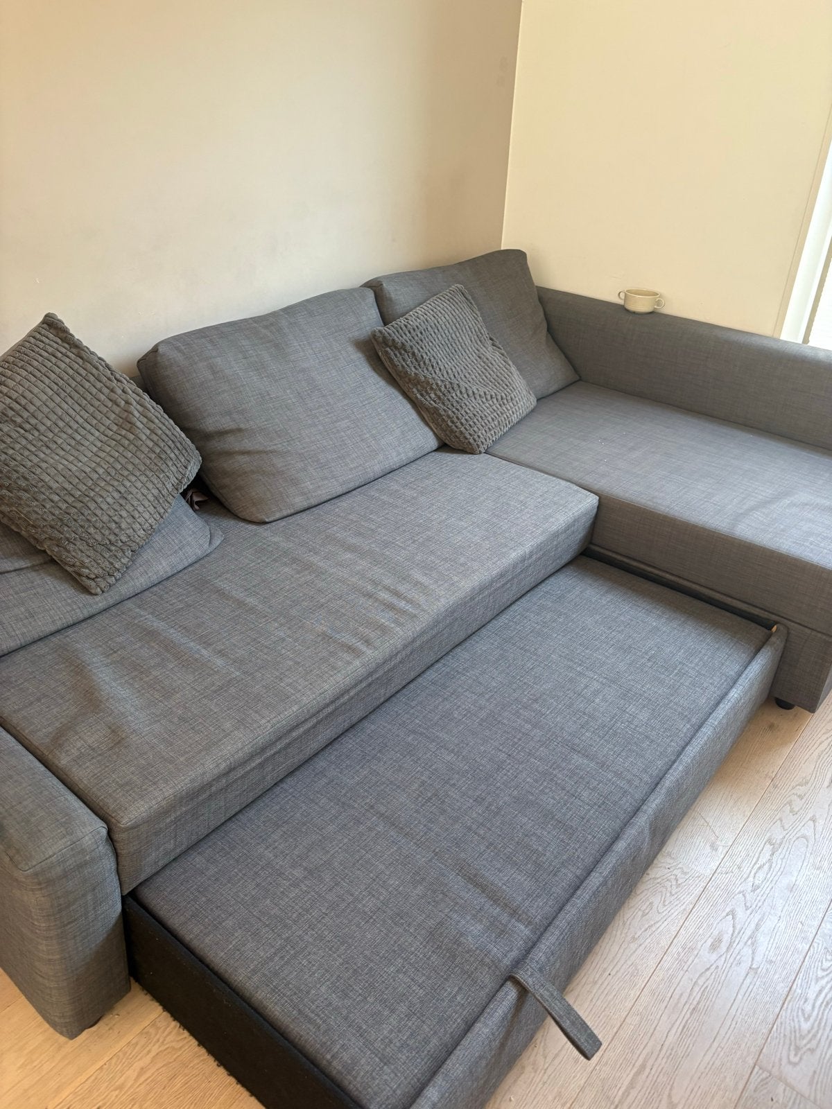 Grijze slaapbank met chaise longue, Gebruikt, Tweepersoons, Ophalen of Verzenden, Overige maten