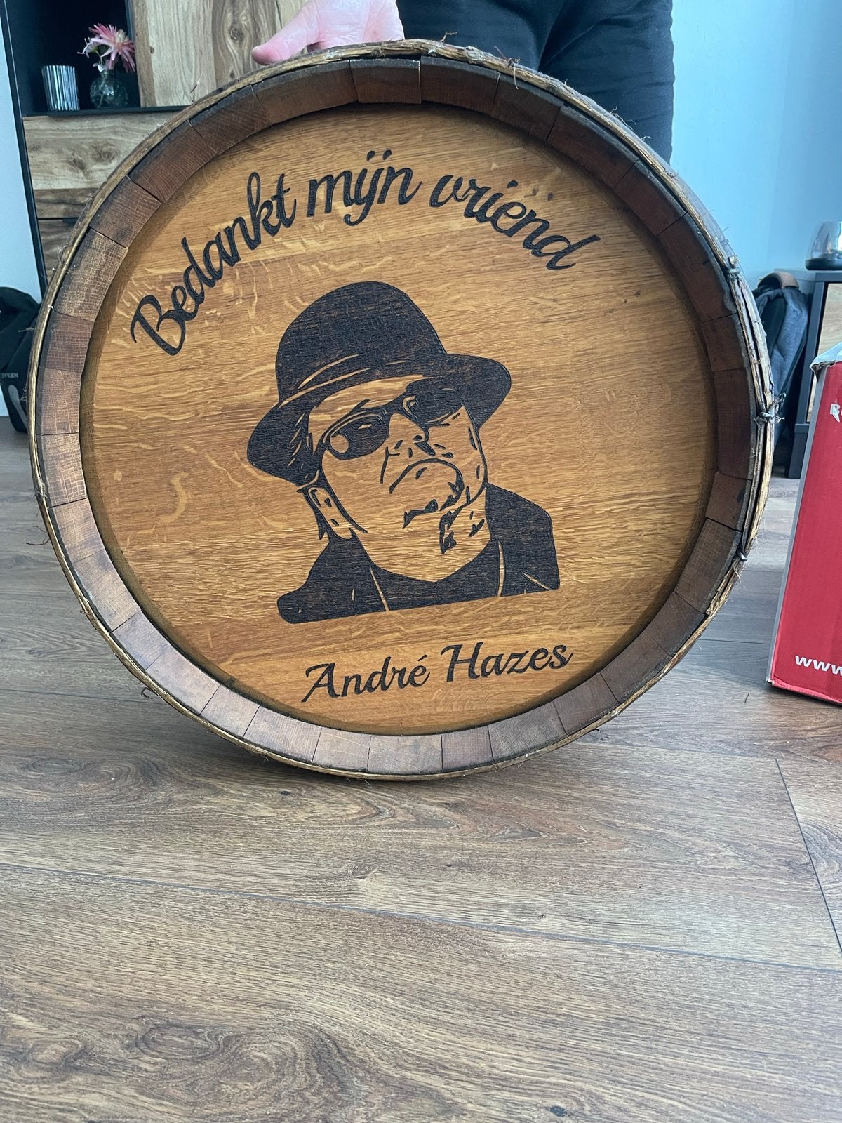 Decoratief houten vat met André Hazes opdruk, Gebruikt, Ophalen of Verzenden, Bruin, Vintage