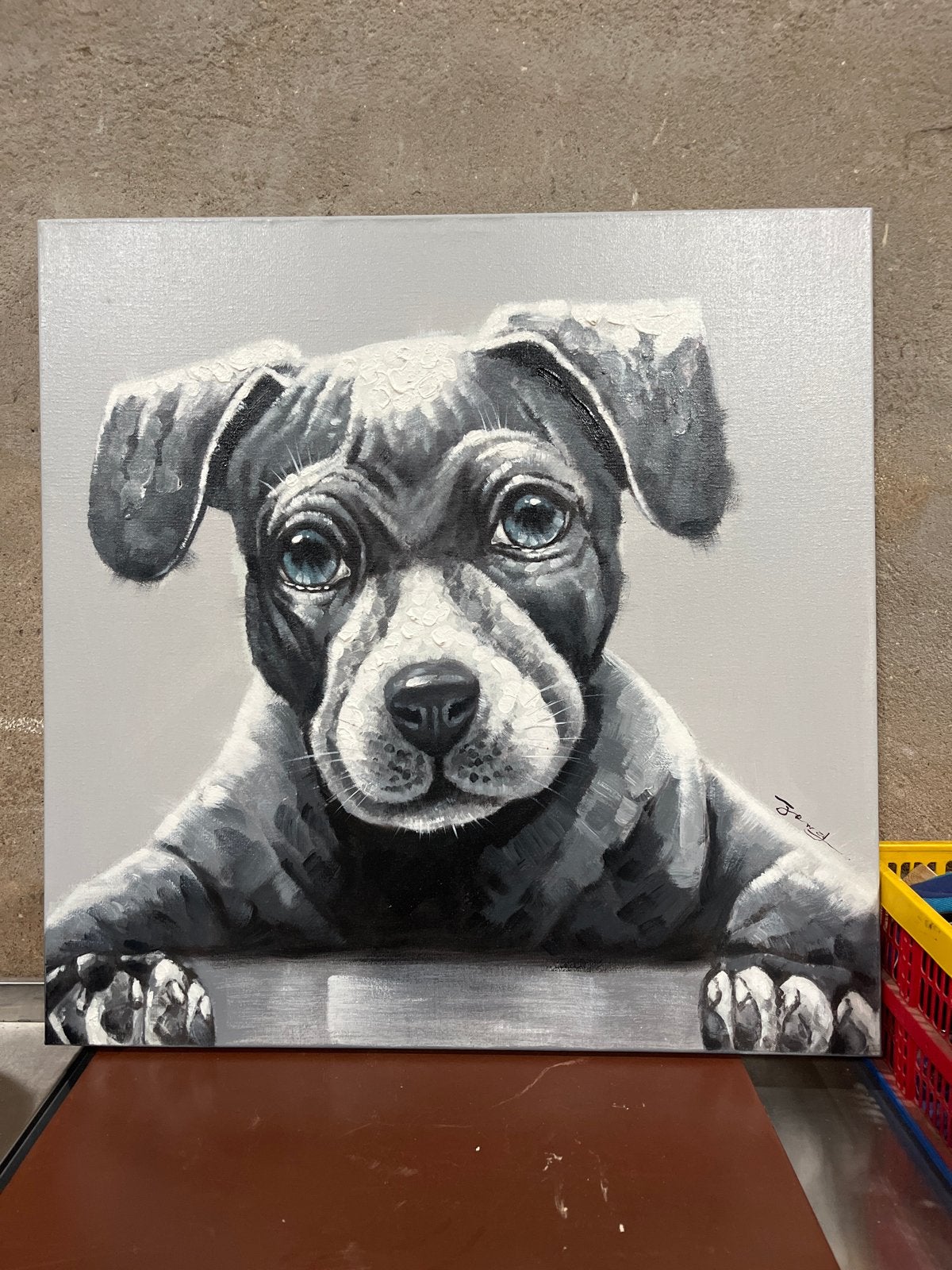 Schilderij puppy met blauwe ogen - 100x100 cm, Ophalen, Acrylverf, Handgeschilderd, Dieren