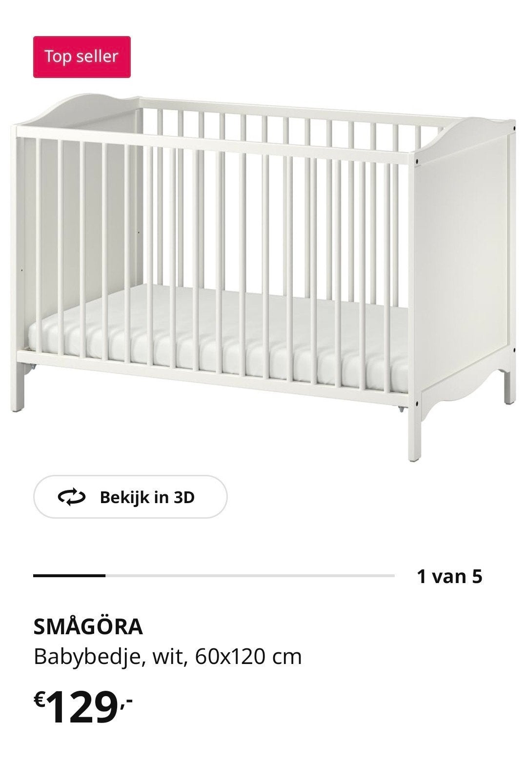 IKEA SMÅGÖRA Babybedje wit, 60x120 cm, Ophalen of Verzenden, Zo goed als nieuw, Ledikant