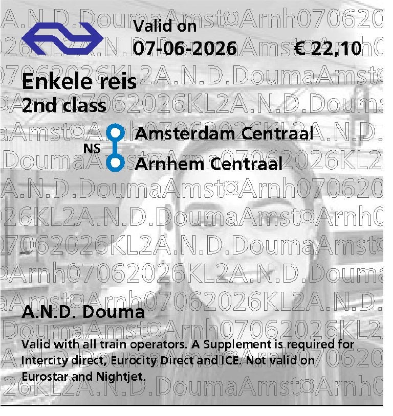 Treinticket Amsterdam --> Arnhem (geldig op 7 juni), Eén persoon, Trein, Met bestemming of datum