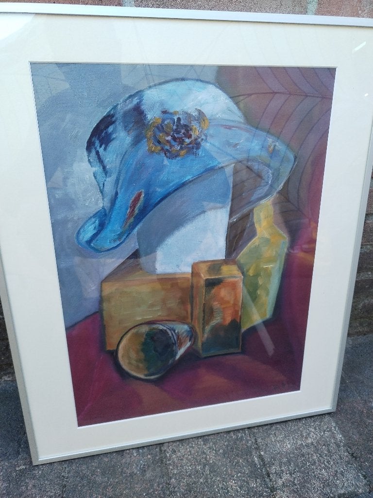 Vintage ingelijste, drukkunst, stilleven met blauwe hoed, Ophalen, Ingelijst, Zeefdruk, Overige onderwerpen