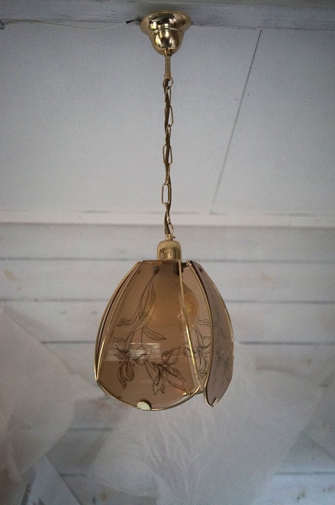 vintage Hollywood Regency hanglamp creme goud metaal glas., Glas, Vintage hollywood, Gebruikt, E27 (groot)