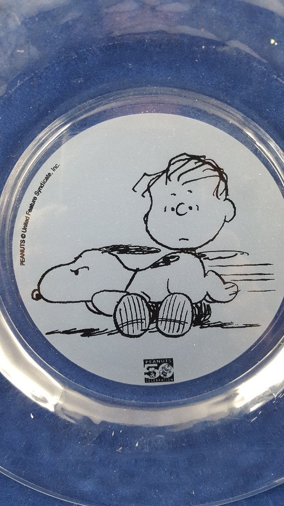 2 x glazen bordje Snoopy, Peanuts, 50 jaar jubileum. 5B2, Tweedehands verkoop, Tweedehands verkoop, Gebruikt, Beeldje of Figuurtje