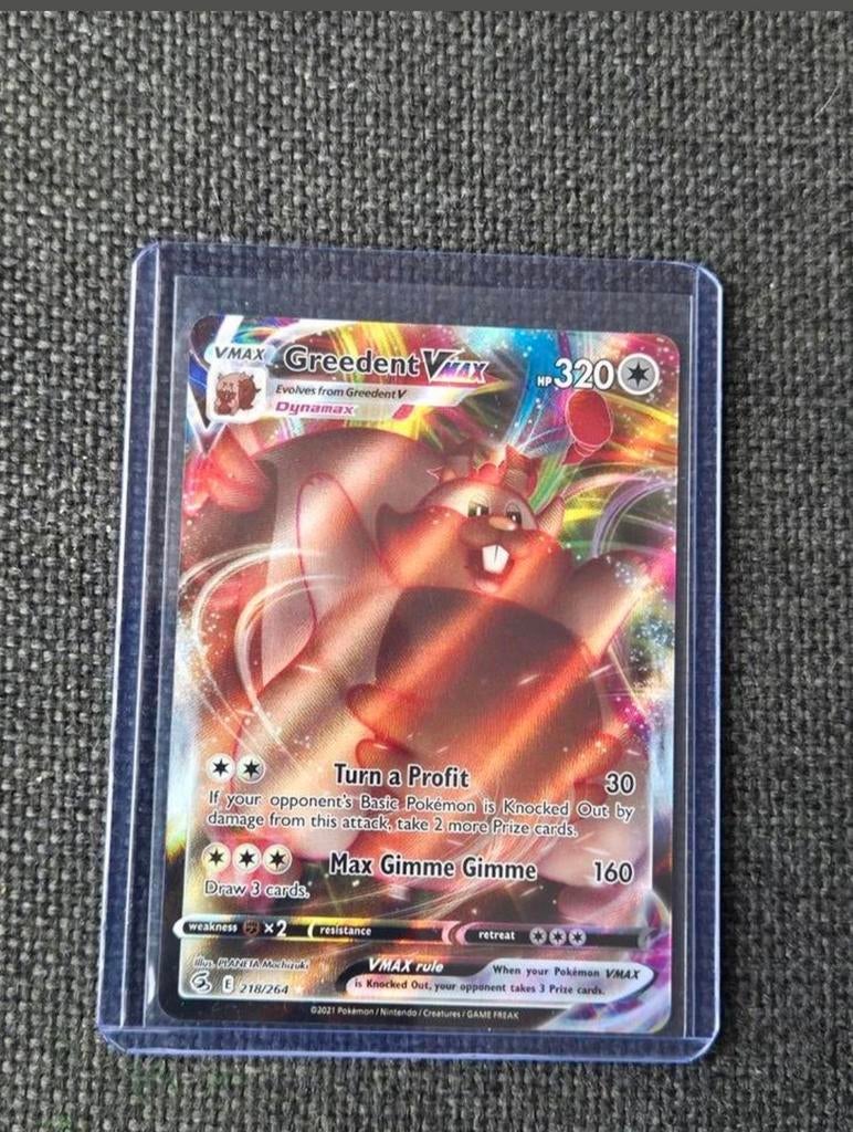 Pokémon Kaart: Greedent VMAX - Fusion Strike (218/264), Ophalen of Verzenden, Zo goed als nieuw, Losse kaart