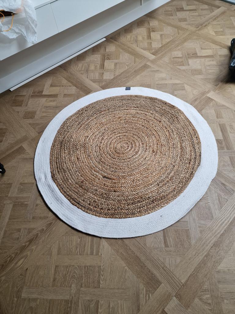 Rond jute vloerkleed babykamer woonkamer, Rond, Ophalen of Verzenden, Zo goed als nieuw, 100 tot 150 cm