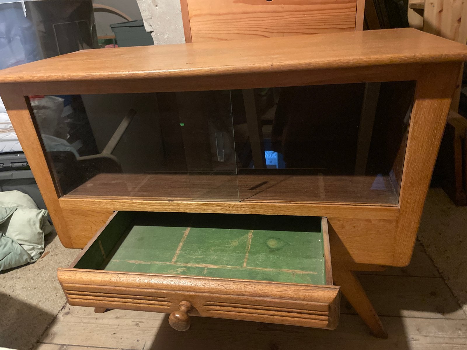 Vintage houten servies kastje met glazen vitrine en lade, Ophalen