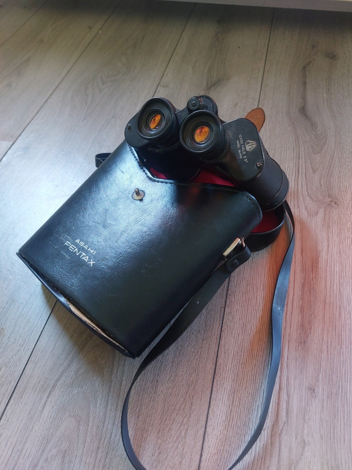 Vintage Asahi Pentax 12x50 verrekijker met hoes, Gebruikt, 12 tot 20x, Met hoes of tas, Porro (met knik)