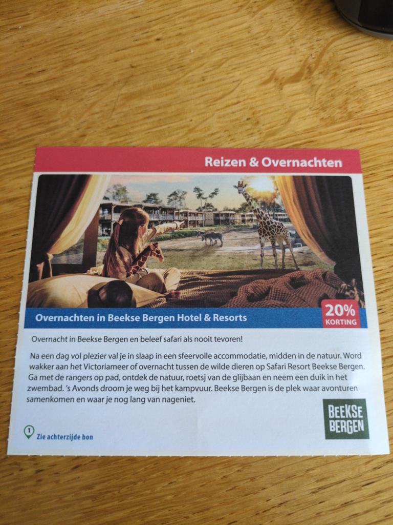 Kortingsbon voor een overnachten bij Beekse Bergen., Tickets en Kaartjes, Drie personen of meer, Kortingsbon, Bungalowpark
