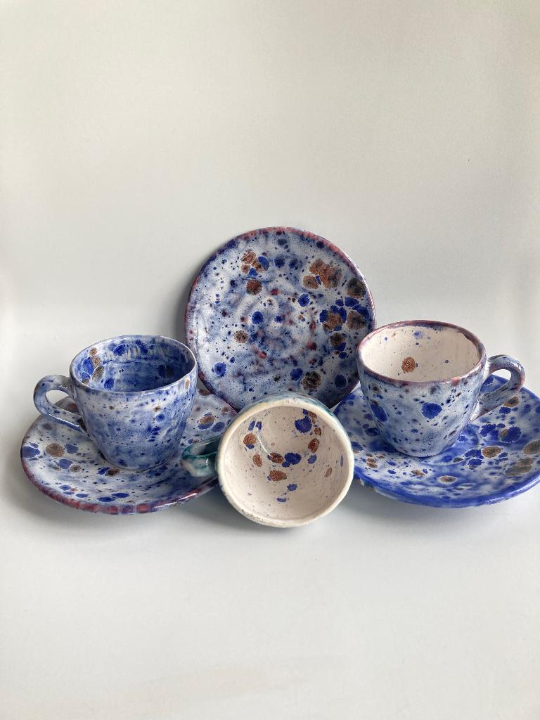 3 espresso kopjes handgemaakt blauw gespikkeld keramiek, Huis en Inrichting, Keuken | Servies, N, N, Keramiek, Ophalen of Verzenden