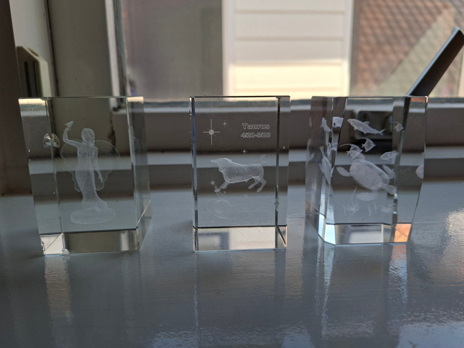 3 Lasergegraveerde 3D Beeldjes in Glas, Huis en Inrichting, Ophalen of Verzenden, Zo goed als nieuw, Glas