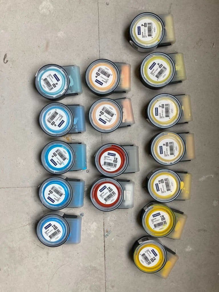 16 muurverf testers van de gamma!, Gebruikt, Overige kleuren, Ophalen of Verzenden, Verf