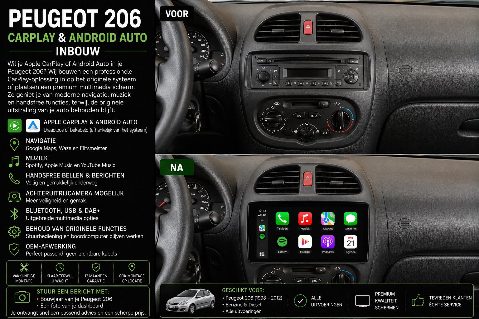 Peugeot 206 CarPlay & Android Auto Inbouw, Ophalen, Nieuw