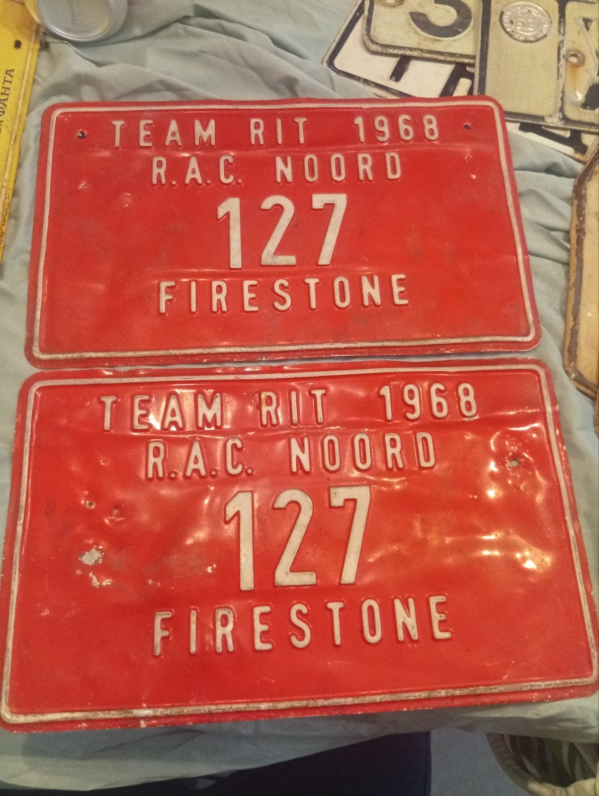 Set van 2 Vintage Team Rit 1968 R.A.C. Noord Firestone  127, Ophalen of Verzenden, Gebruikt, Auto's
