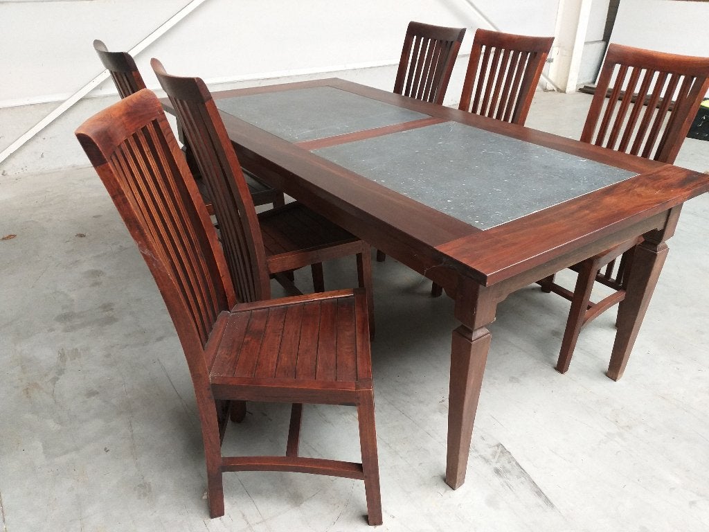Elegante eettafel met 6 stoelen - Afm. 100 x 200, Ophalen, Bruin, Zo goed als nieuw, Klassiek, Tijdloos