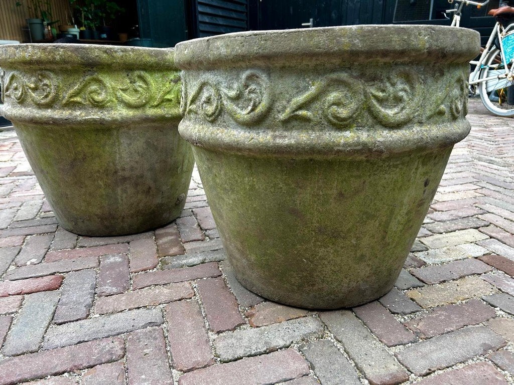 Set grote robuuste tuinpotten met sierlijke rand, Tuin en Terras, Ophalen, Gebruikt, 40 cm of meer, Rond