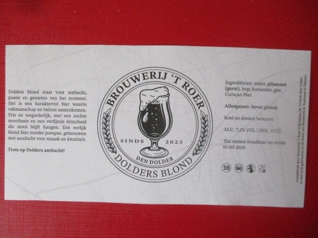 bieretiket Nederland 25-7 (2J) t roer, Verzamelen, Biermerken, Ophalen of Verzenden, Nieuw, Overige typen, Overige merken