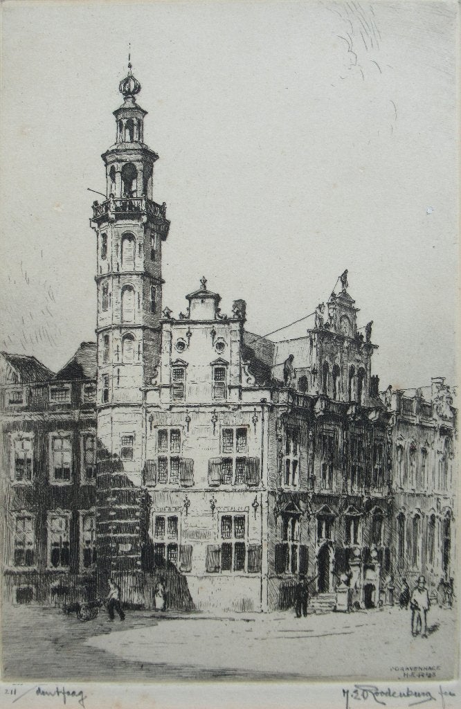 H.E. Roodenburg: Oude stadhuis Den Haag 1923, ets, Ingelijst, Ets, Stadsgezicht, Ophalen of Verzenden