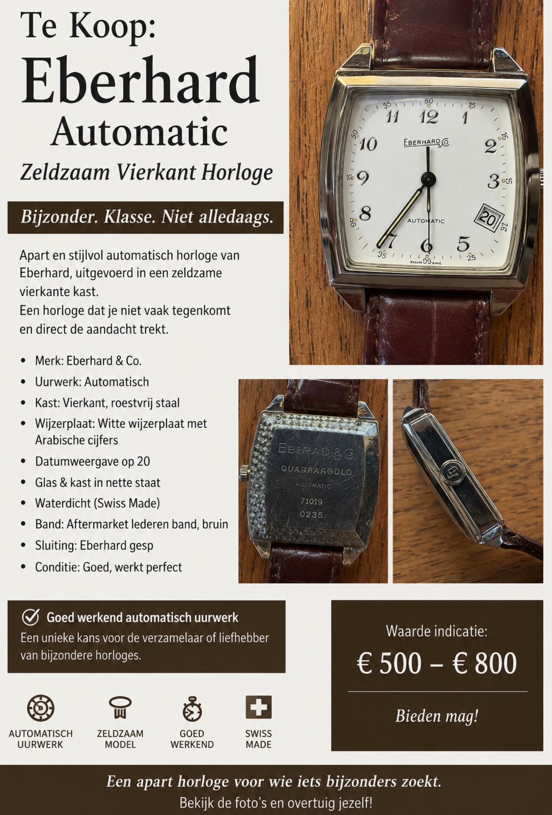Eberhard Quadrangolo Automatic – Swiss Made, Ophalen of Verzenden, Zo goed als nieuw