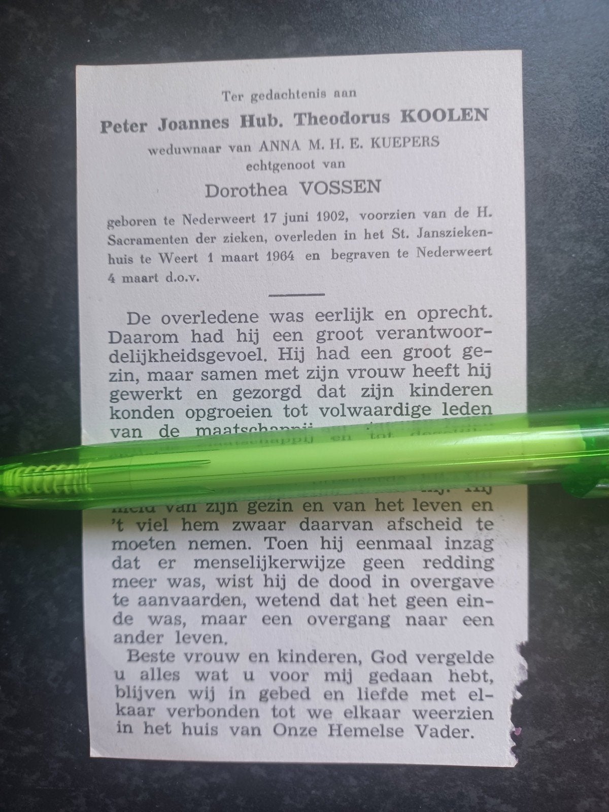 Bidprentje Nederweert Weert Peter Koolen 1902 1964, Ophalen of Verzenden, Bidprentje