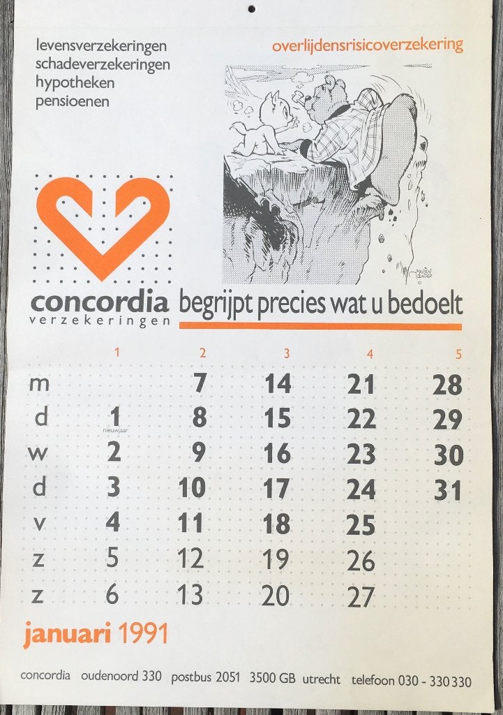 Kalender Concordia verzekeringen 1991, Ophalen of Verzenden, Maandkalender, Zo goed als nieuw