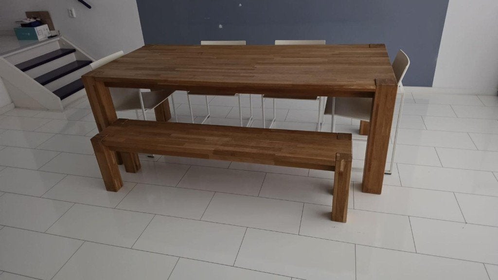 Massief Eikenhout eettafel + bankje + 4 Arco Frame stoelen, Huis en Inrichting, Tafels | Eettafels, Ophalen, Gebruikt, 200 cm of meer