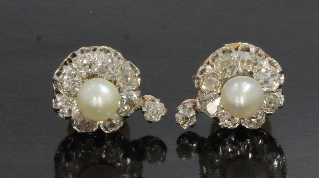 Diamanten parel luxe 14k set goud platina oorbellen antiek, Verzenden, Goud, Oorbellen, Met edelsteen