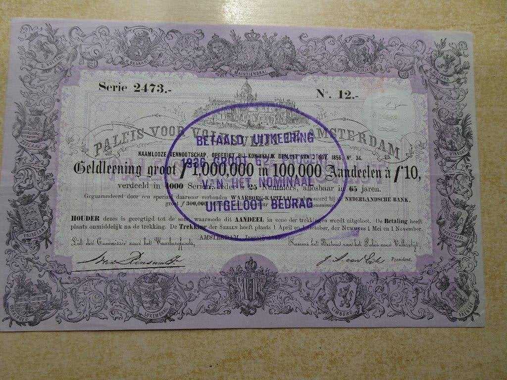 Aandeel 10 gulden Paleis voor Volksvlijt. Amsterdam 1867, Postzegels en Munten, Aandelen en Waardepapieren, Ophalen of Verzenden