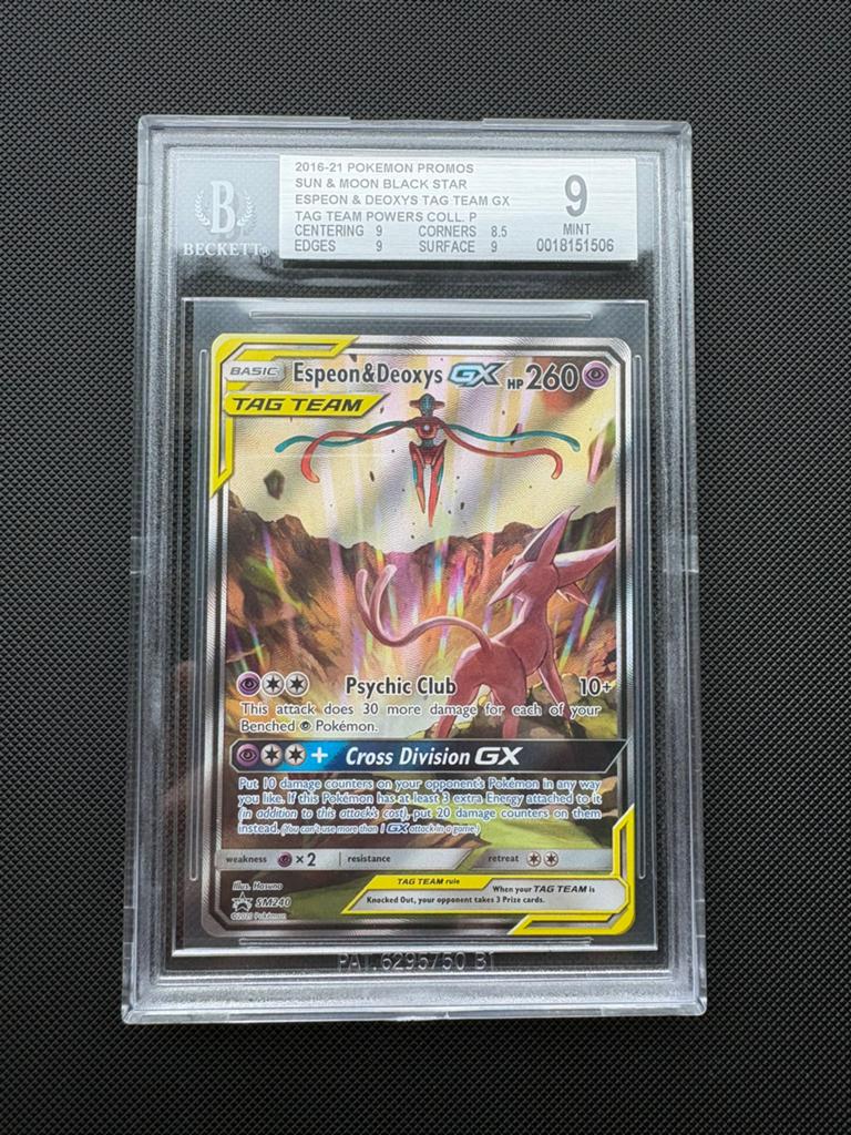 Espeon & Deoxys GX Tag Team SM240 Black Star Promo BGS 9, Ophalen of Verzenden, Nieuw, Losse kaart
