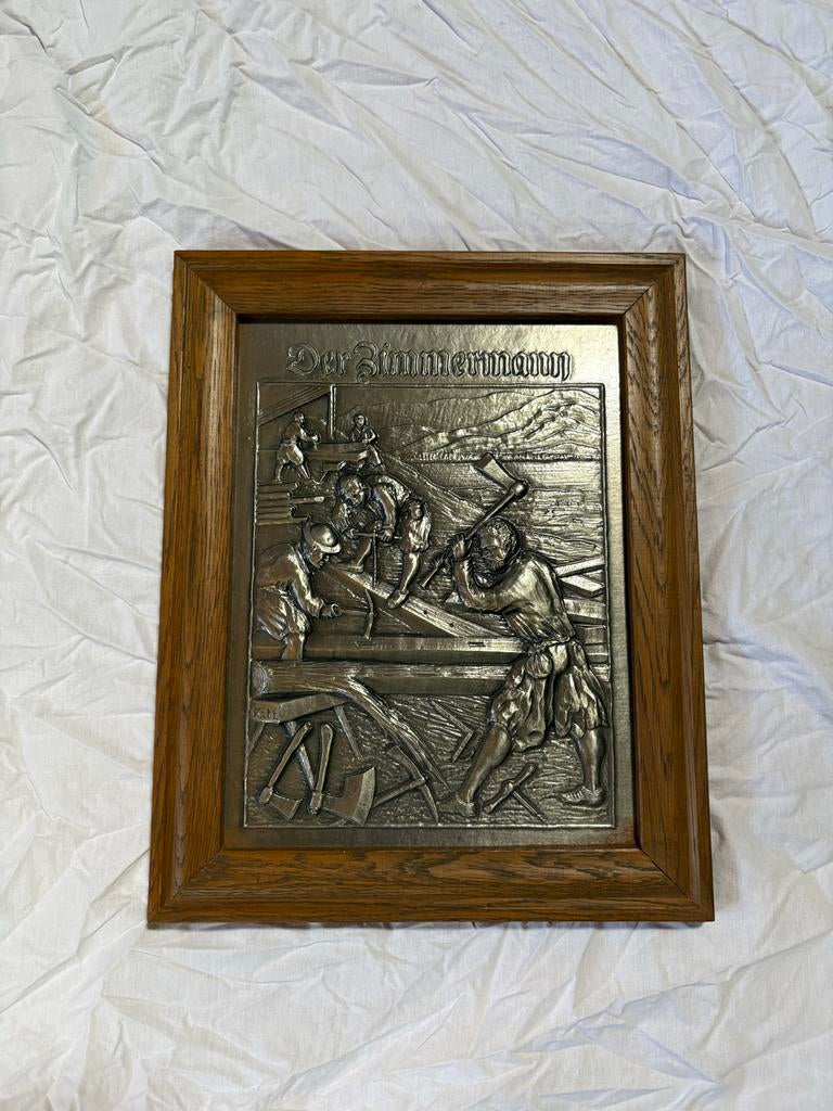 Vintage Tinnen Plaquette 'Der Zimmermann' - Handarbeid, Antiek en Kunst, Ophalen