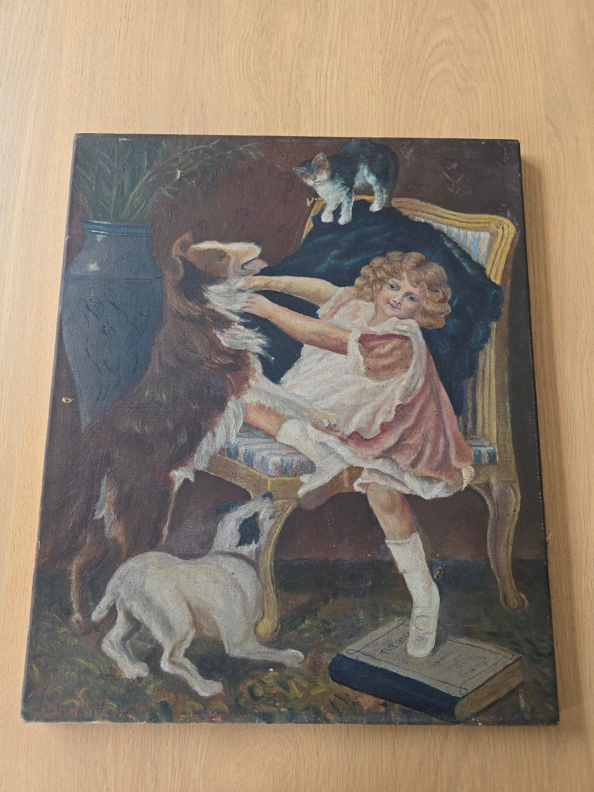 Antieke olieverfschilderij Kiss & Be Friends Anvers aug 1915, Antiek en Kunst, Doek, Ophalen of Verzenden, Olieverf, Klassiek