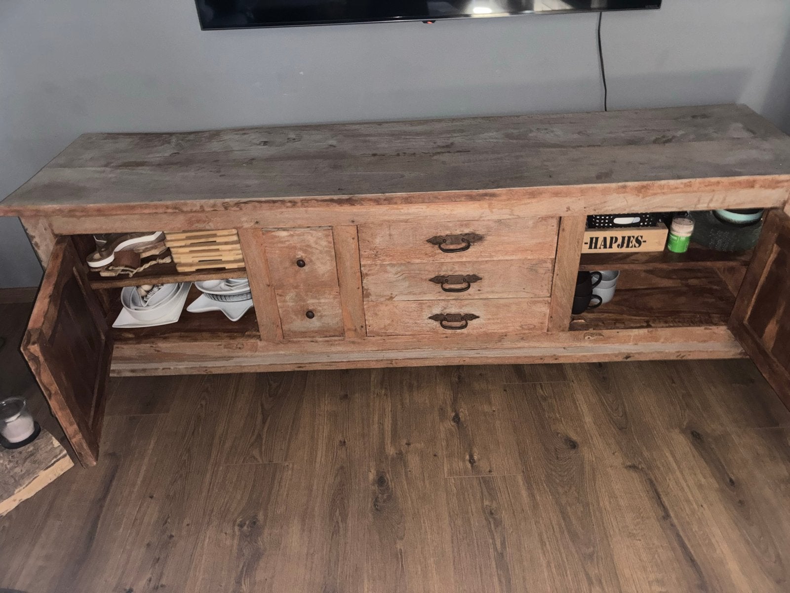 Zware Teakhouten Dressoir 200x53x61 cm, Ophalen, Gebruikt, Teakhout, 200 cm of meer