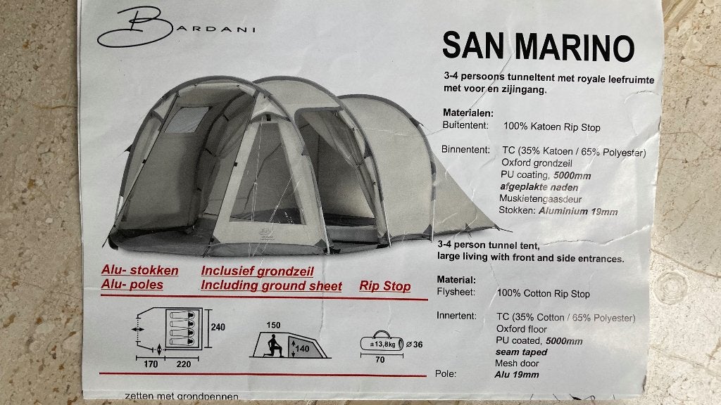 Bardani San Marino tent, Ophalen, Gebruikt, Tot en met 4