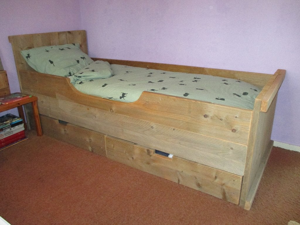 Steigerhouten bed (90x200) met 2 opberglades, Huis en Inrichting, Slaapkamer | Bedden, Ophalen, 90 cm, Eenpersoons, Bruin