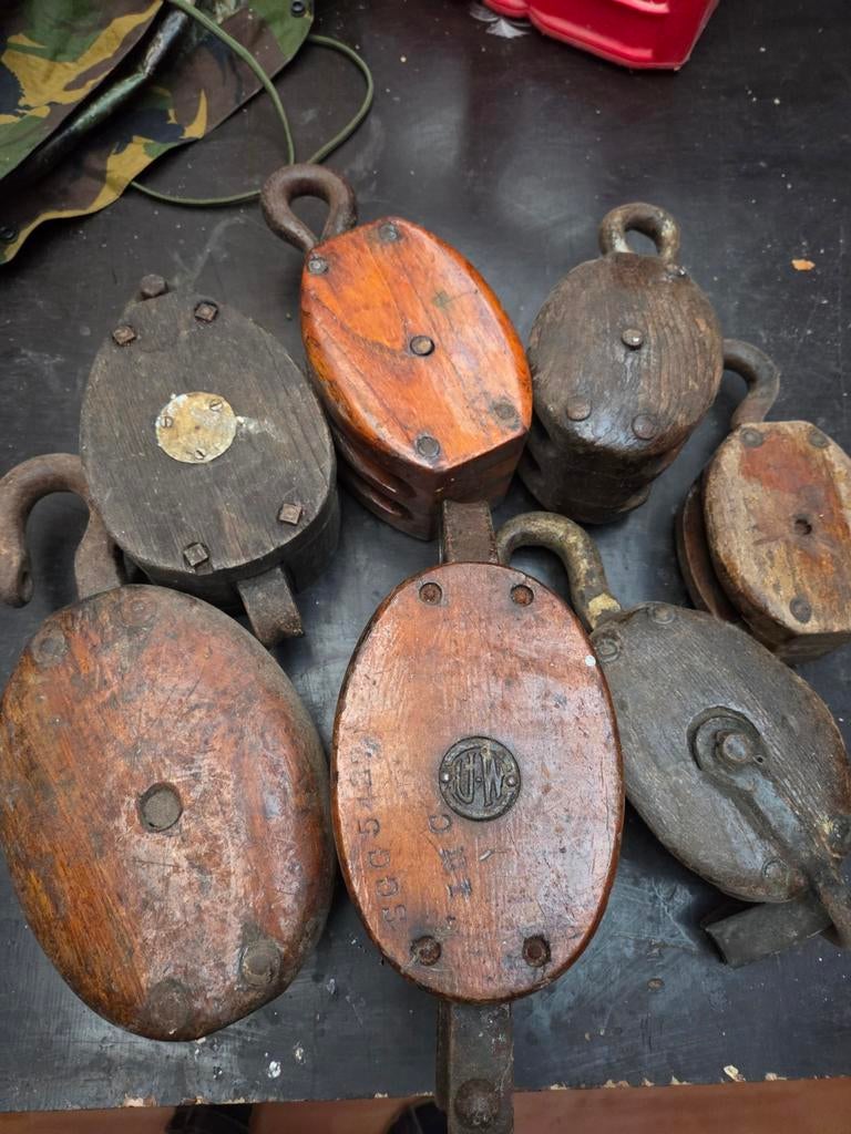 Set van 7 Antieke Houten Scheepskatrollen - Diverse Maten, Ophalen of Verzenden, Gebruikt, Lijn of Blok