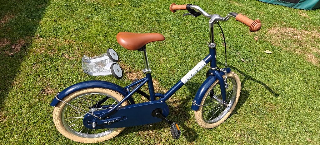 Veloretti Maxi Kinderfiets 16 inch – Donkerblauw, Ophalen, Terugtraprem, Zijwieltjes, 16 tot 20 inch