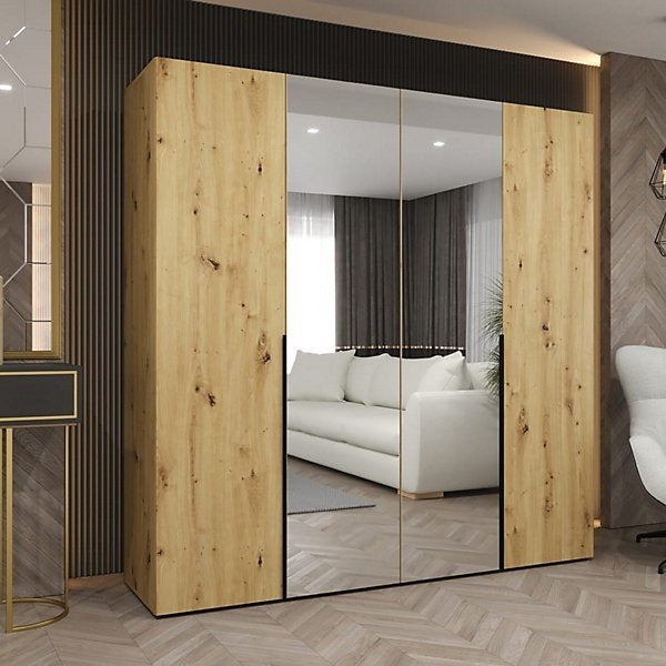 Moderne kledingkast met spiegeldeuren en houtaccenten, Modern, Scandinavisch, 150 tot 200 cm, Zo goed als nieuw, Met deur(en)