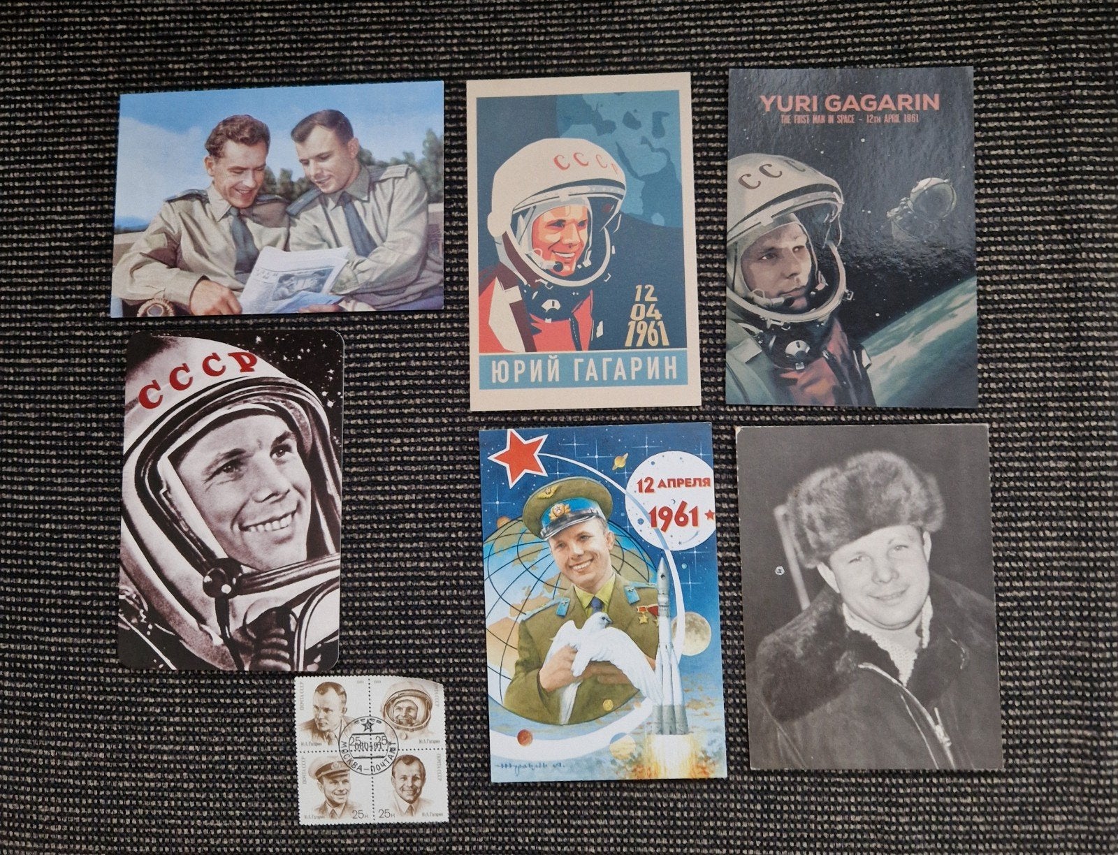 Yuri Gagarin postzegels + 6 ongelopen ansichtkaarten, Verzenden, 1980 tot heden